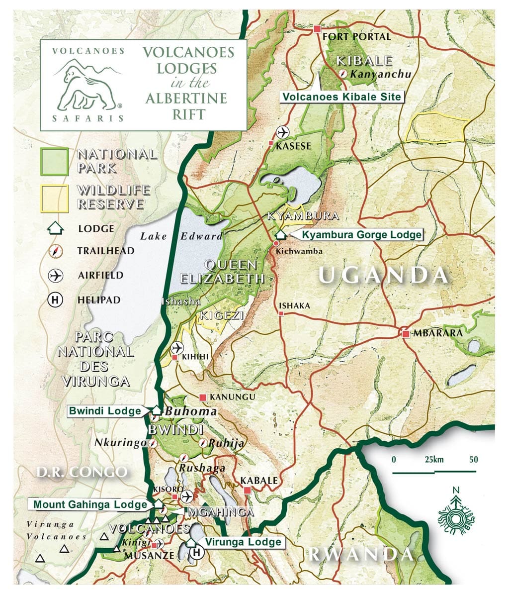 volcanoes safaris map lodges rwanda uganda