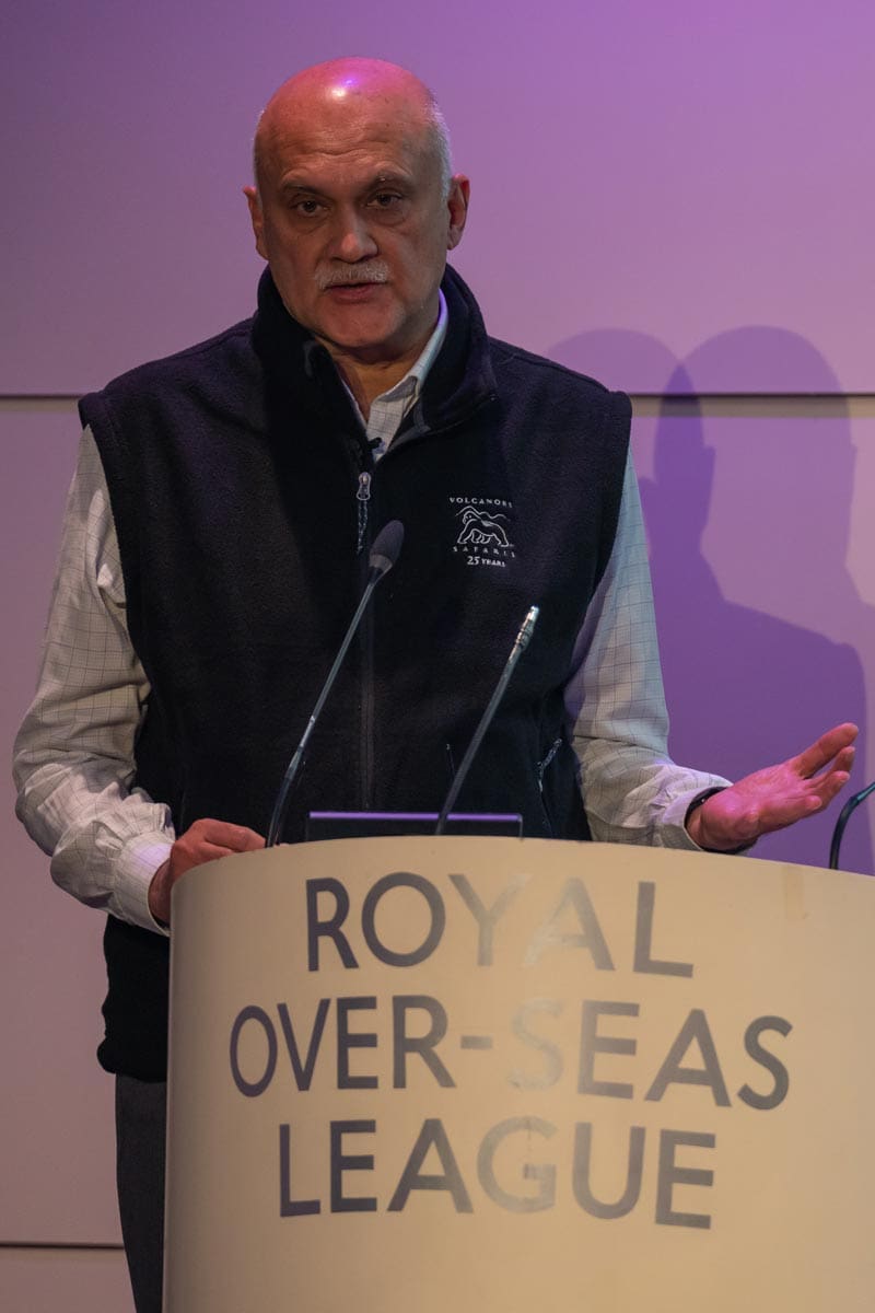 Volcanoes Safaris' CEO and founder, Praveen Moman discusses ‘The Future of Gorillas and Chimpanzees in the Albertine Rift’ at the Royal Over-Seas League in London.