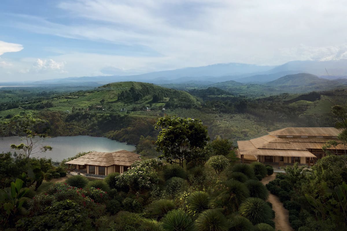 CGI rendering of Volcanoes Safaris' future Kibale Lodge, seamlessly integrated into the lush landscape of Uganda, offering a harmonious balance between comfort and the natural environment.